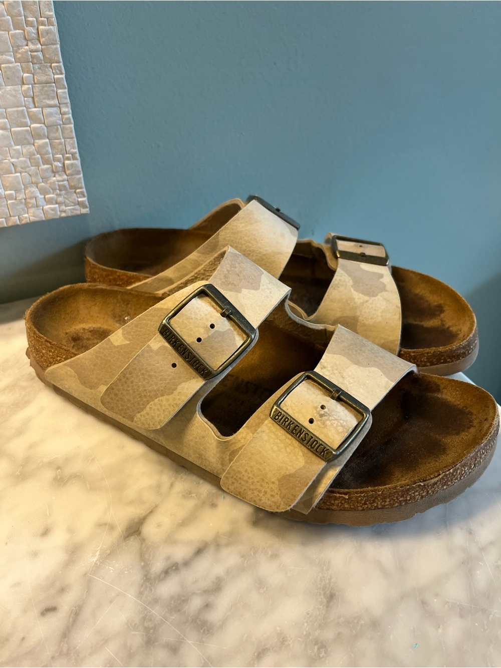 Birkenstock Two-Strap Sandals in Tan Camo